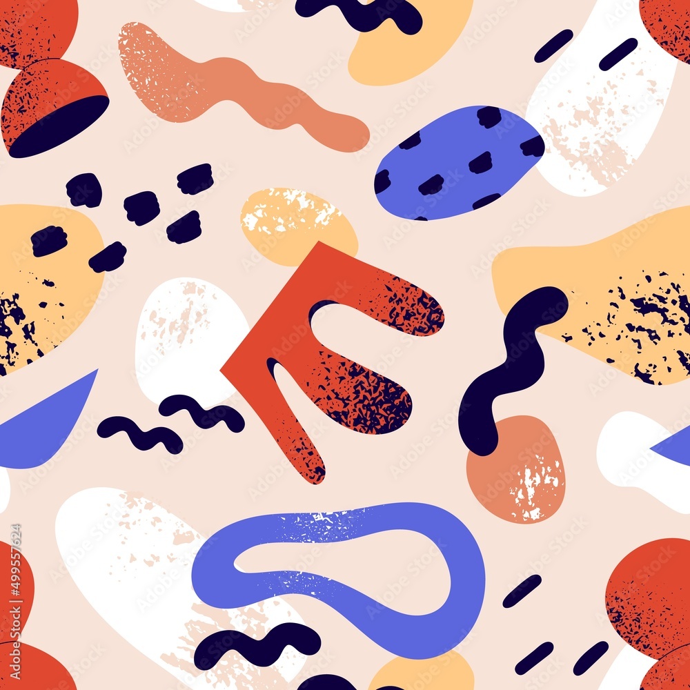 Leinwandbilder Abstract geometry pattern. Seamless background design with irregular shapes repeating print. Endless texture with creative random elements. Printable flat vector illustration for fabric, decoration