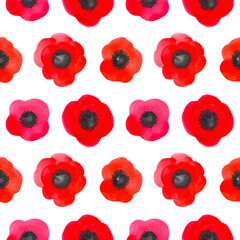 Red watercolor poppy seamless pattern. Vibrant hand-drawn flower heads isolated on a white background.