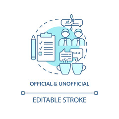 Official and unofficial turquoise concept icon. Project communication management abstract idea thin line illustration. Isolated outline drawing. Editable stroke. Arial, Myriad Pro-Bold fonts used