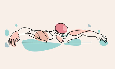 Single continuous line drawing of butterfly professional swimmer man focus training in gym swimming pool center. Healthy lifestyle concept. Trendy one line draw design graphic vector illustration