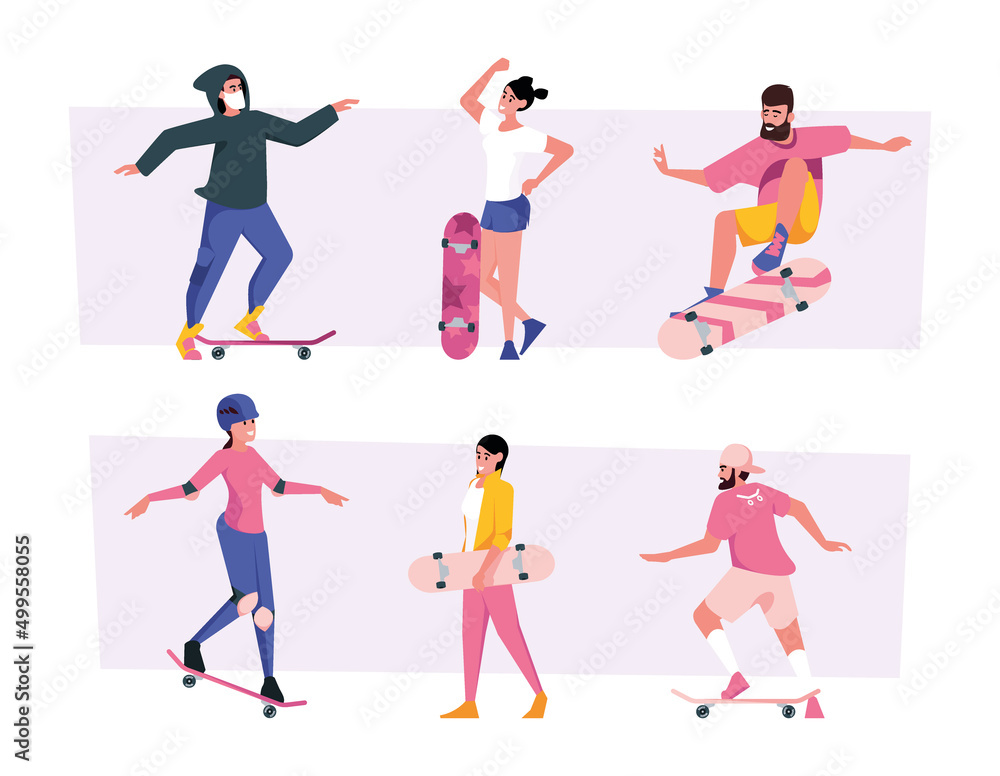 Poster Skateboarding. Teenagers sport people riding on skates and rollers active persons in action poses on longboards garish vector flat illustrations