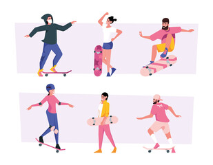 Skateboarding. Teenagers sport people riding on skates and rollers active persons in action poses on longboards garish vector flat illustrations