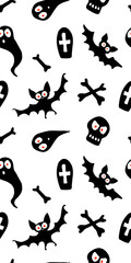 Happy Halloween-seamless pattern with set of characters-bats, ghosts, skulls and bones. Textured background for greeting card, invitation, party poster, banner