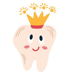 Tooth with crown. Clean happy cartoon tooth. Dental care. For children instructions on brushing teeth, printing and booklets. Vector Hand draw illustration isolated on the white background.