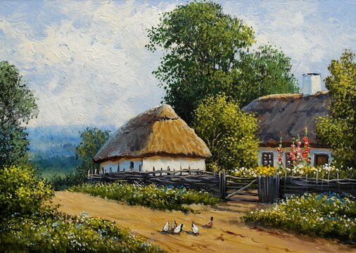 Oil paintings rural landscape, traditional house in the village, landscape in the village