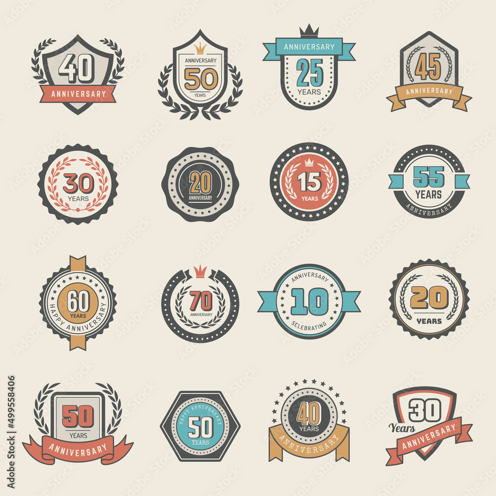 Poster anniversary dates. badges with numbers for celebration dates recent vector emblems collection