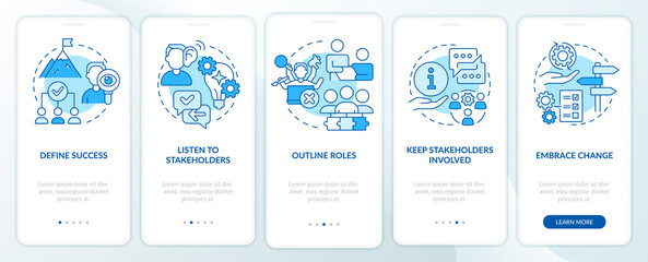 Fototapeta na wymiar Effective stakeholder management blue onboarding mobile app screen. Walkthrough 5 steps graphic instructions pages with linear concepts. UI, UX, GUI template. Myriad Pro-Bold, Regular fonts used