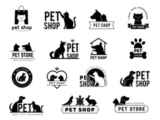 Pet shop badges. Domestic animals dogs cats stylized symbols for zoo market recent vector pictures set isolated