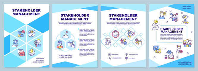 Fototapeta na wymiar Stakeholder management brochure template. Effective cooperation. Leaflet design with linear icons. 4 vector layouts for presentation, annual reports. Arial-Black, Myriad Pro-Regular fonts used