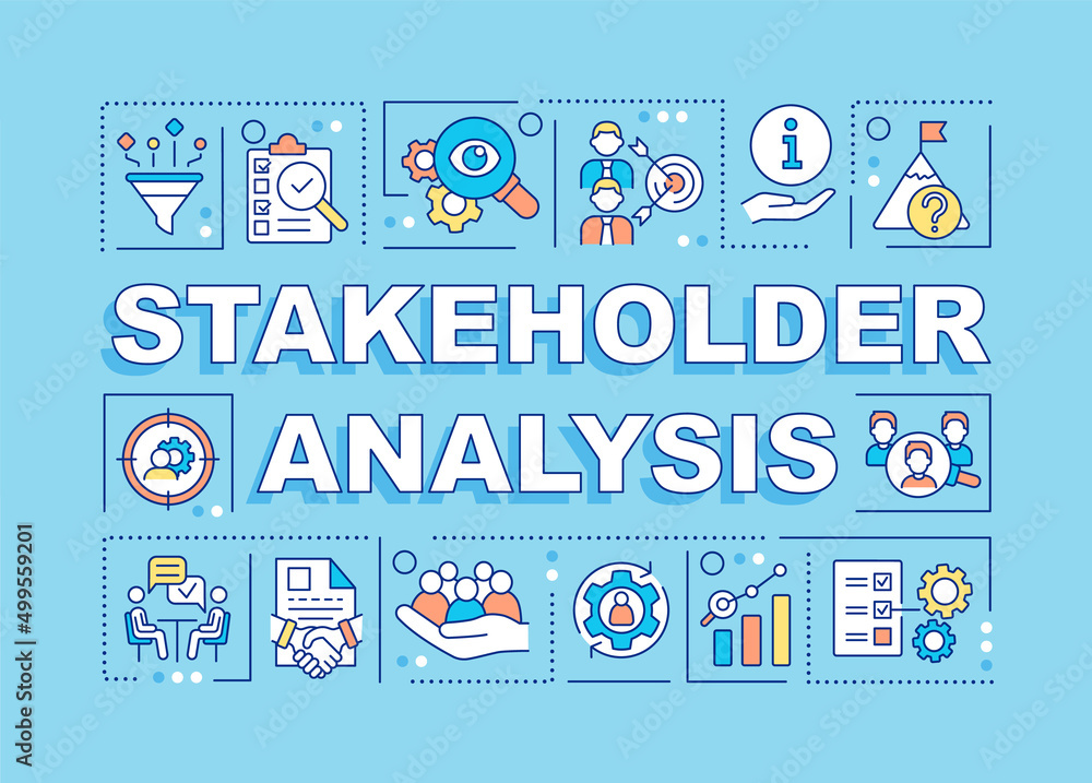 Poster stakeholder analysis word concepts blue banner. potential partners. infographics with icons on color