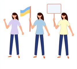A set of protesting girls. Women protests with a banner and a flag. Protest concept. Set for banners and designs. Vector isolated illustration. Flat style.