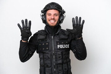 Brazilian soldier man isolated on white background counting nine with fingers