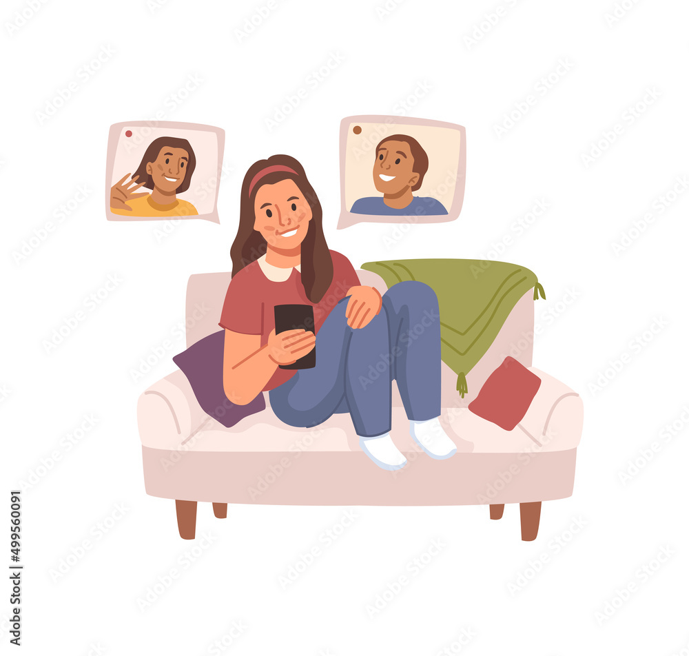 Aufkleber child using smartphone or tablet for video communication with friends or family. vector flat cartoon