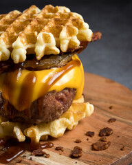 Waffle burger with cheese, bacon and some tequeños 