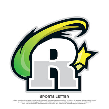 Initial R letter sport design concept with swosh star isolated on white background, esport design