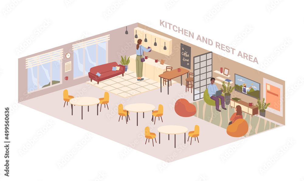 Poster office interior design and planning, areas for recreation and rest for clients and employees. vector