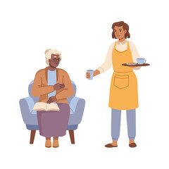 Nursing home and assistance to senior people. Vector flat cartoon character sitting in comfortable chair, reading book. Staff serving food and warm drinks, tasty beverages for old lady