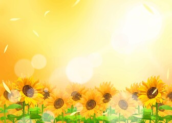 Obraz premium 美しいひまわりの幻想的な初夏フレームーオレンジの光背景ボケイラスト素材 