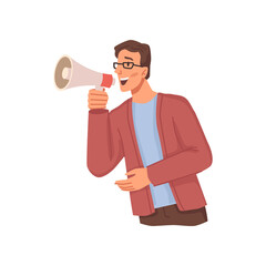 Male personage making announcement, marketing or promotion of goods or ideas. Vector flat cartoon character, protesting or demonstration. Worker offering proposal from company or job