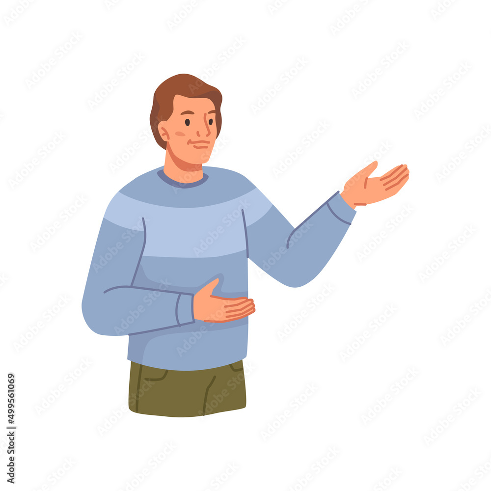 Poster Man on presentation making gesture and showing or pointing. Vector flat cartoon character, isolated worker or employee on meeting or conference presenting or introducing, work tasks