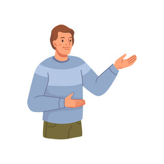 Man on presentation making gesture and showing or pointing. Vector flat cartoon character, isolated worker or employee on meeting or conference presenting or introducing, work tasks
