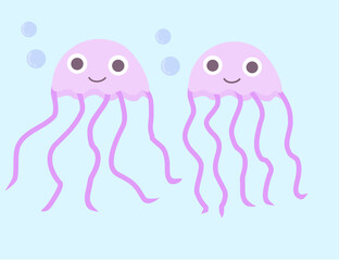 Cute jellyfish.The sea jelly.Wild animal. Marine life.Kawaii character.Purple fish.Cartoon vector illustration.Sign, symbol, icon or logo isolated.Flat design.Clip art.
