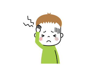 頭が痛い　頭痛で頭を押さえている男の子