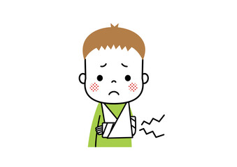 腕を骨折してギプスをしている男の子