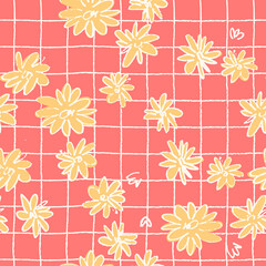 Seamless pattern with hand drawn meadow flowers in Ditzy style with plaid. Outlined illustrations on blue background for surface design and other design projects