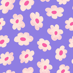 Seamless vector pattern with pink textured flowers. Cute daisy florals on purple background