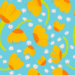 Seamless pattern with orange abstract textured flowers. Vector spring blossom background 