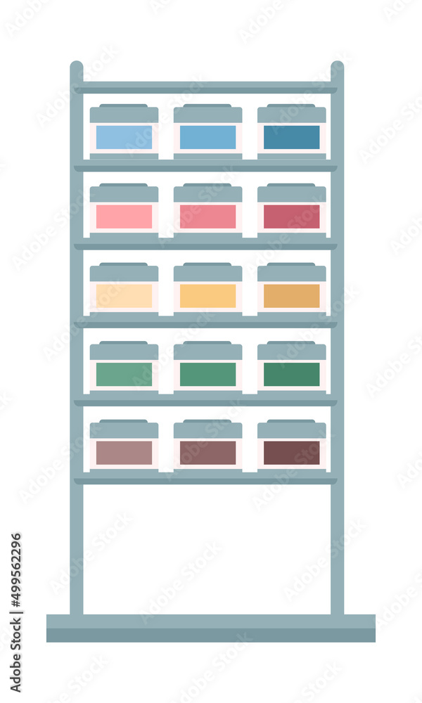 Poster stand with paint containers semi flat color vector object. newlywed apartment decoration. full sized