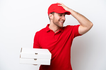 Pizza delivery caucasian man with work uniform picking up pizza boxes isolated on white background...
