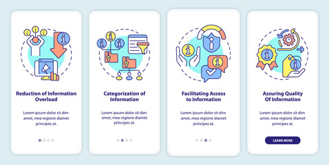 Roles of information industry onboarding mobile app screen. Categorizing walkthrough 4 steps graphic instructions pages with linear concepts. UI, UX, GUI template. Myriad Pro-Bold, Regular fonts used