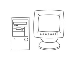Retro monitor and computer unit in doodle style.