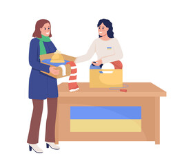 Woman donating clothing to Ukraine semi flat color vector characters. Happy figures. Full body people on white. Simple cartoon style illustration for web graphic design and animation