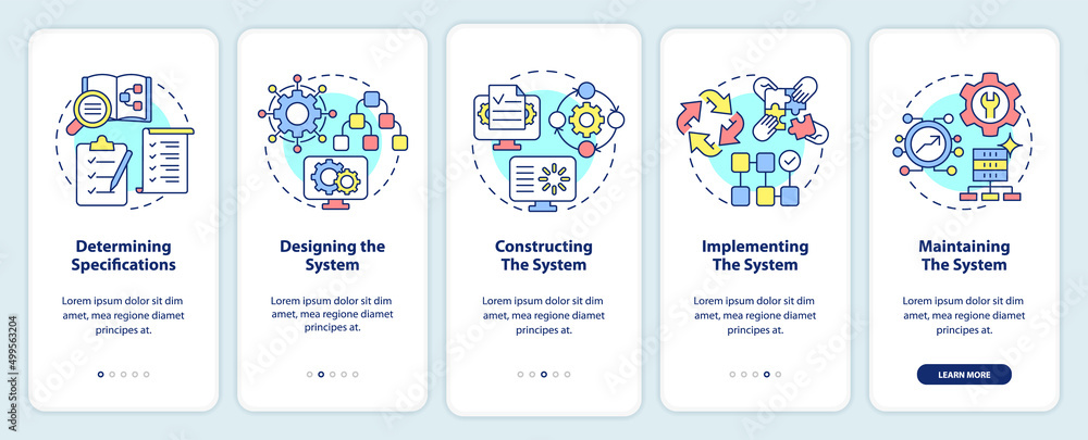 Poster information system development stages onboarding mobile app screen. walkthrough 5 steps graphic inst