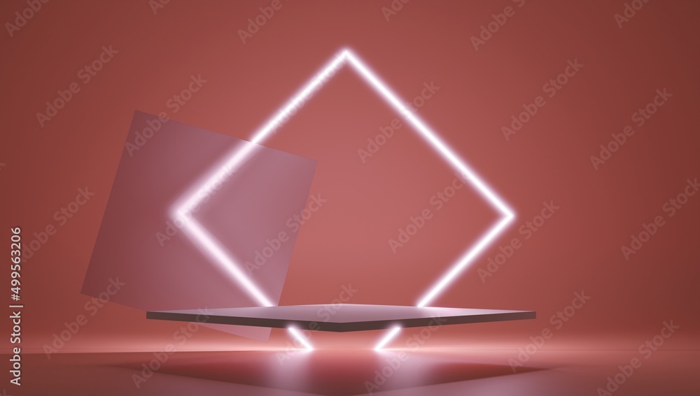 Aufkleber 3d render red platform with neon shining and transparent glass rings. geometric shapes composition w