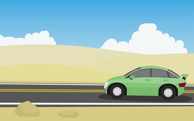 Fototapeta na wymiar Traveling cars green color. Driving on an asphalt road with undulating desert hills. Wallpaper of blue sky and white clouds.