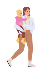 Mother with kid leaving home by war and persecution semi flat color vector characters. Scared figures. Full body people on white. Simple cartoon style illustration for web graphic design and animation