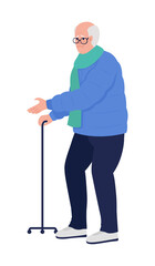 Sad senior man with tripod walking stick semi flat color vector character. Standing figure. Full body person on white. Simple cartoon style illustration for web graphic design and animation