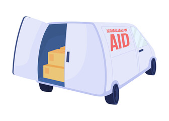 Truck with humanitarian aid semi flat color vector object. Relief cargo. Full sized item on white. Simple cartoon style illustration for web graphic design and animation. Bebas Neue font used