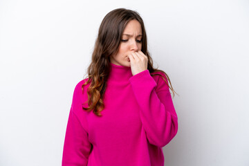 Young caucasian woman isolated on white background having doubts