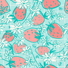 Seamless pattern with hand drawn strawberries for surface design and other design projects. Gardening, summer, healthy food themes