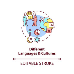 Different languages and cultures concept icon. Information industry difficulty abstract idea thin line illustration. Isolated outline drawing. Editable stroke. Arial, Myriad Pro-Bold fonts used
