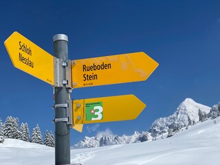 Hiking markings and orientation signs with signposts for navigating in the idyllic winter ambience on the Alpstein mountain massif and in the Swiss Alps - Nesslau, Switzerland / Schweiz