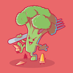 Cute Broccoli smashing pizza slices vector illustration. Food, vegetable, funny design concept.