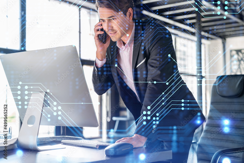 Poster businessman in suit has conference call to optimize development by implying new technologies in busi