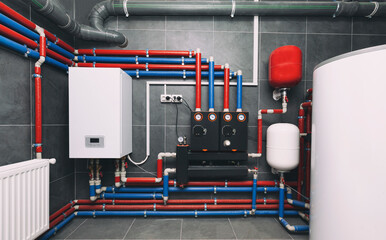 A modern electic boiler room. Equipment for modern heating system as a boiler, heater,pipes,...