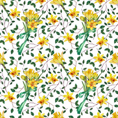 Seamless pattern of yellow bouquets of daffodils and tulips. Suitable for the design of printing, textiles, wallpaper, scrapbooking and more.